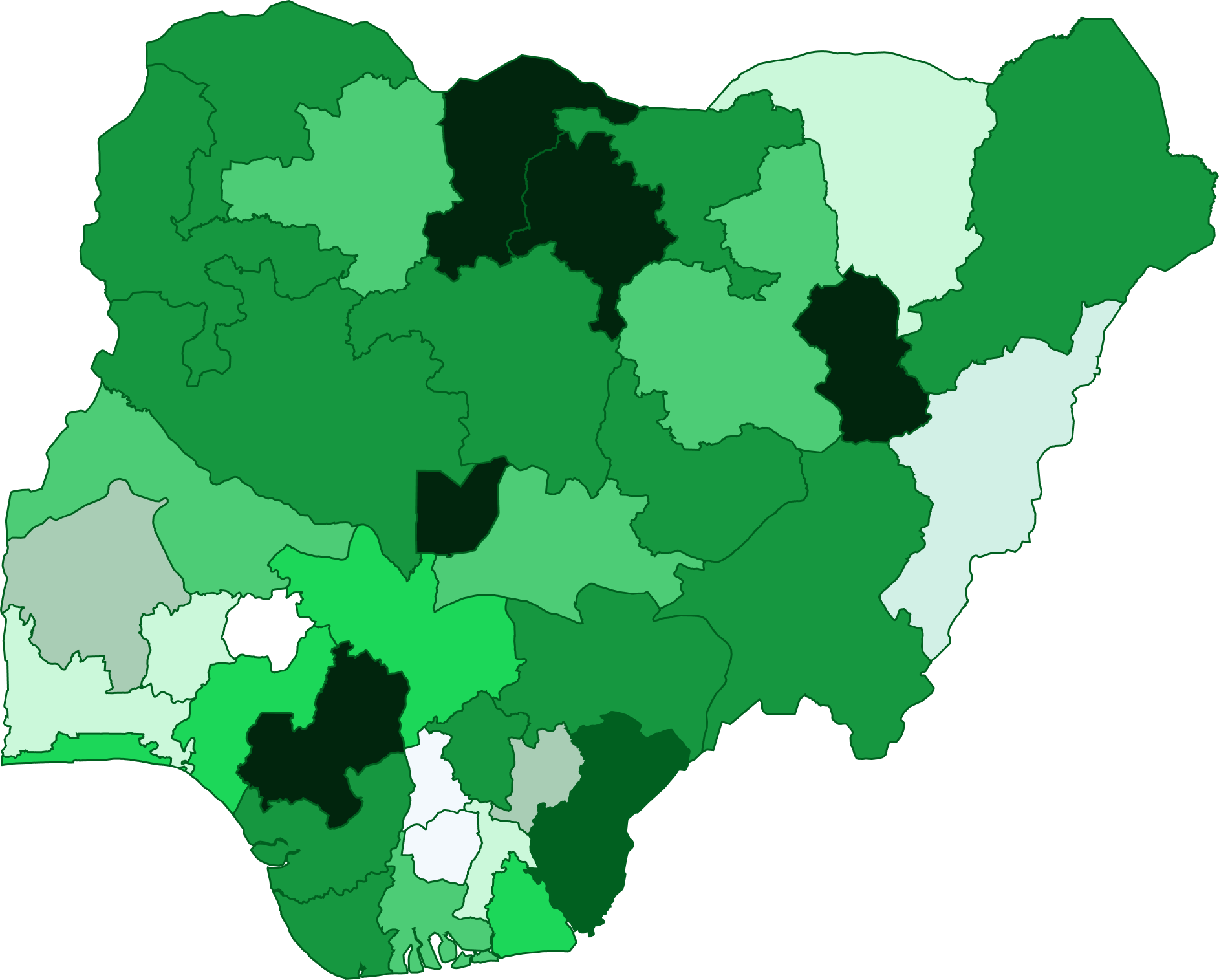 Map of Nigeria showing all 36 states